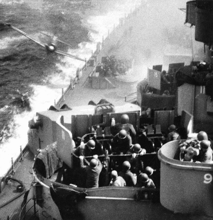 Battleship USS Missouri off Okinawa kamikaze 04-11-45