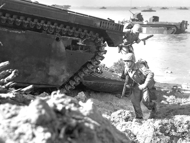 April 1, 1945 USMC 2nd Battalion, 22nd Regiment, LVT (Landing Vehicle Tracked) at Green Beach on Okinawa Island, Last Major Battle of WWII, an Amphibious Invasion by Many Metrics Larger than D-Day at Normandy, France and 98 Day Long Final Reckoning for Conventional Imperial Japanese Military Forces