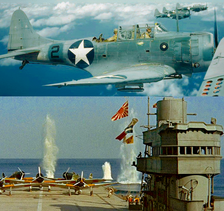 June, 4-7, 1942 Battle of Midway Island US Douglas SBD-3 Dauntless Dive Bombers Destroy Imperial Japanese Navy Aircraft Carriers Akagi, Kaga, Hiryu, Soryu