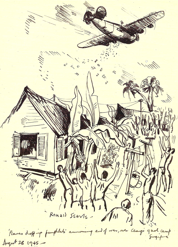 Ronald Searle Drawing August 28, 1945 Planes Dropping Pamphlets Announcing End of War Over Changi Gaol Prisoner of War Camp Singapore to Allied POW Personnel from Britain, Australia and Canada
